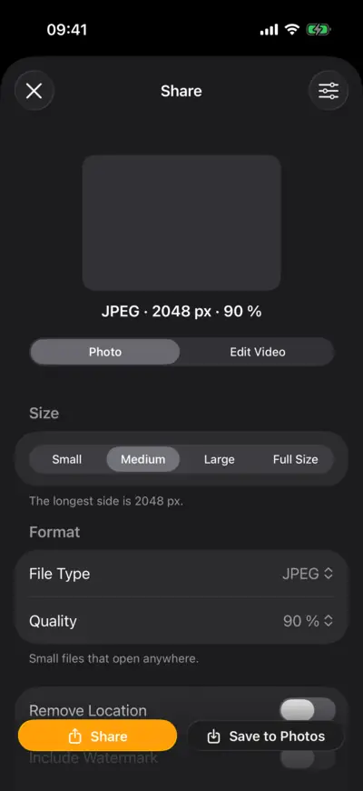 The Share sheet for a photo of the northern lights over a lake: size, file type JPEG at 90 % quality, and More Options