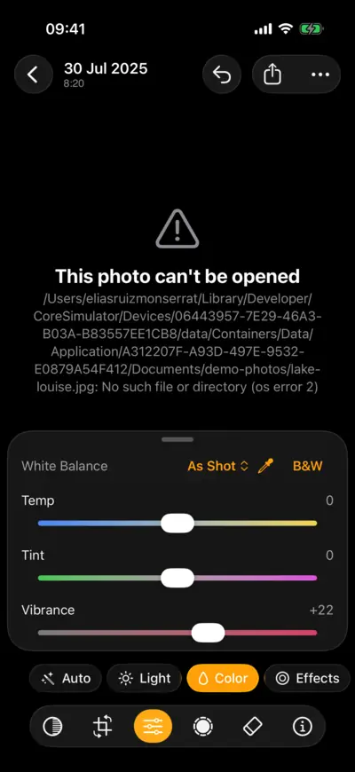 The Color group: white balance, Temp, Tint, Vibrance and Saturation