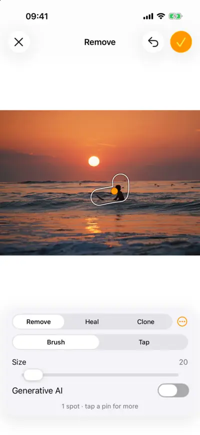 The same wave with the surfer removed, the water filled in