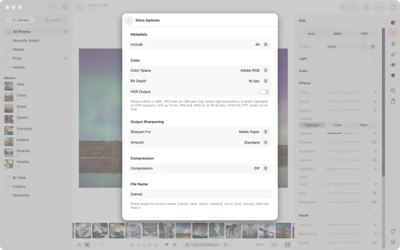 More Options for TIFF: Adobe RGB, 16 bits, Matte Paper sharpening and ZIP compression