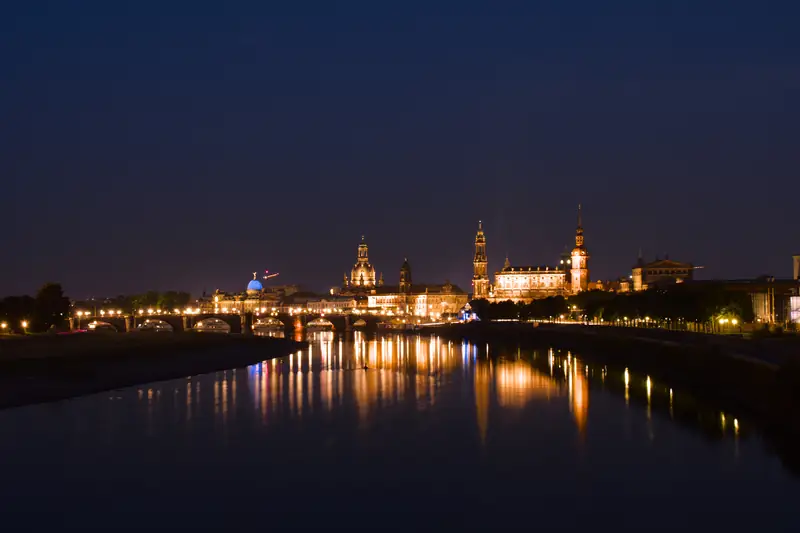 Dresden skyline at night, as shot: the raw file before editing