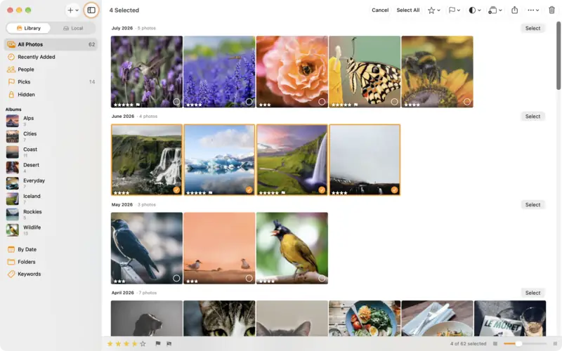 Four photos chosen in the grid, with the selection bar's Rating, Flag and Add to Album buttons