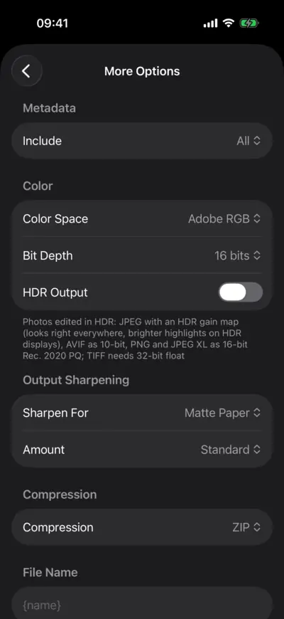 More Options for TIFF: Adobe RGB, 16 bits, Matte Paper sharpening and ZIP compression