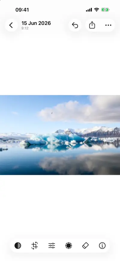 A photo of icebergs in a lagoon, open, with its rating shown