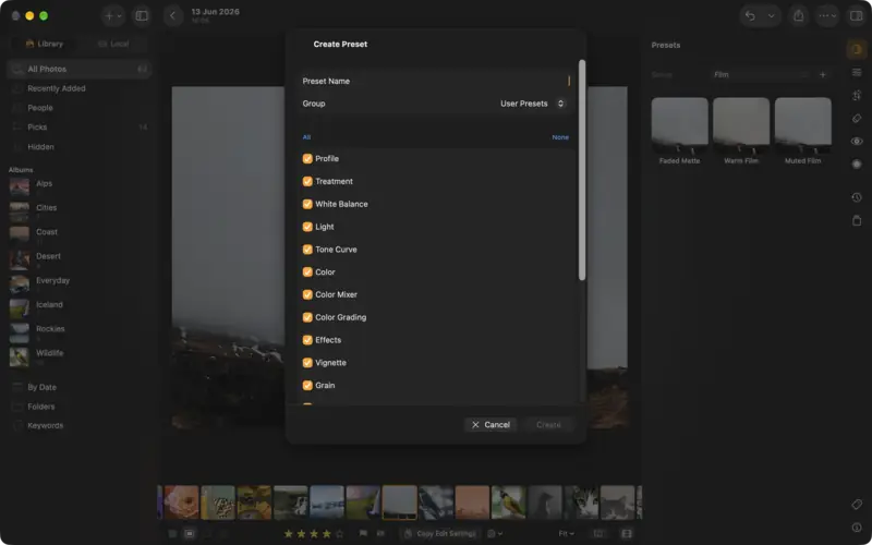Create Preset: a name, a group and the settings it keeps