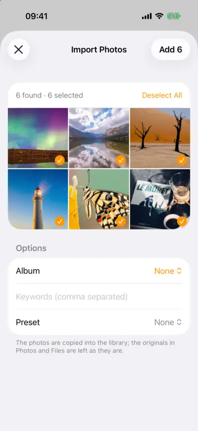 The Import Photos review: six new photos selected, with options for an album, keywords and a preset
