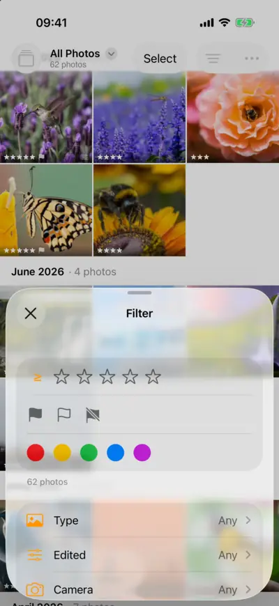 The Filter sheet: rating, flags, colour labels, then type, camera, people, place and keyword