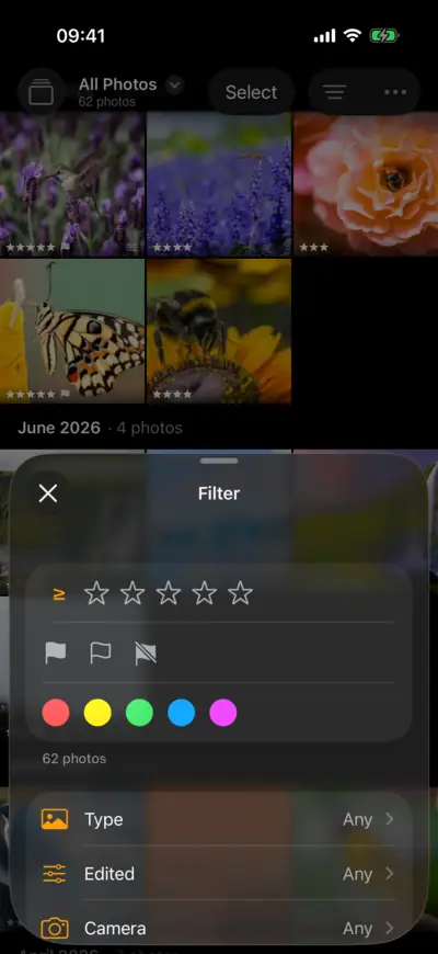 The Filter sheet: rating, flags, colour labels, then type, camera, people, place and keyword