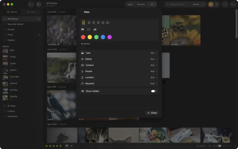 The Filter sheet: rating, flags, colour labels, then type, camera, people, place and keyword