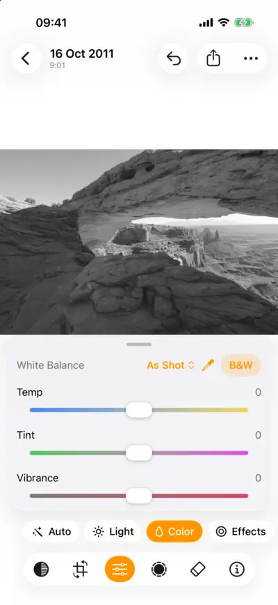 The photo in black and white, with the B&W button on