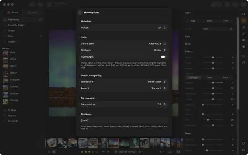 More Options for TIFF: Adobe RGB, 16 bits, Matte Paper sharpening and ZIP compression