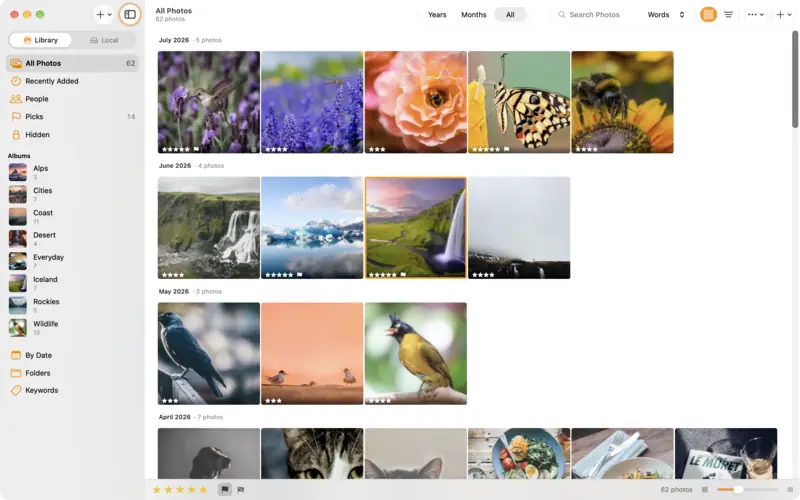 The LightBites library: a grid of travel photos, with the Add Photos button at the top