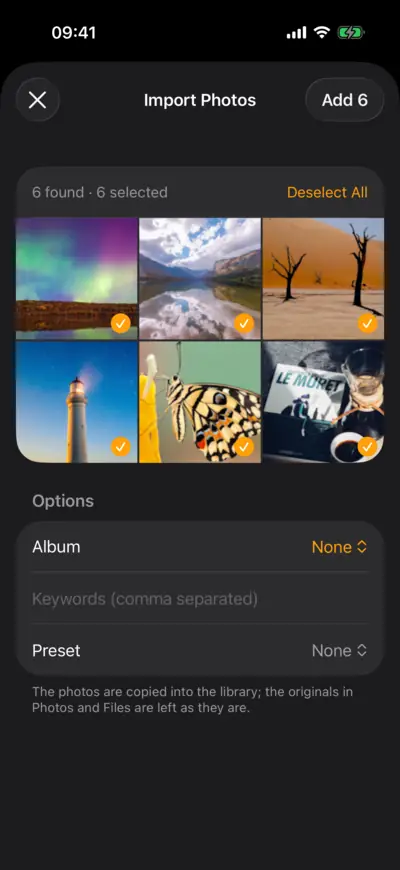 The Import Photos review: six new photos selected, with options for an album, keywords and a preset