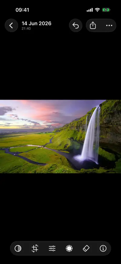 A waterfall at sunset open in LightBites, with the editing tools along the bottom