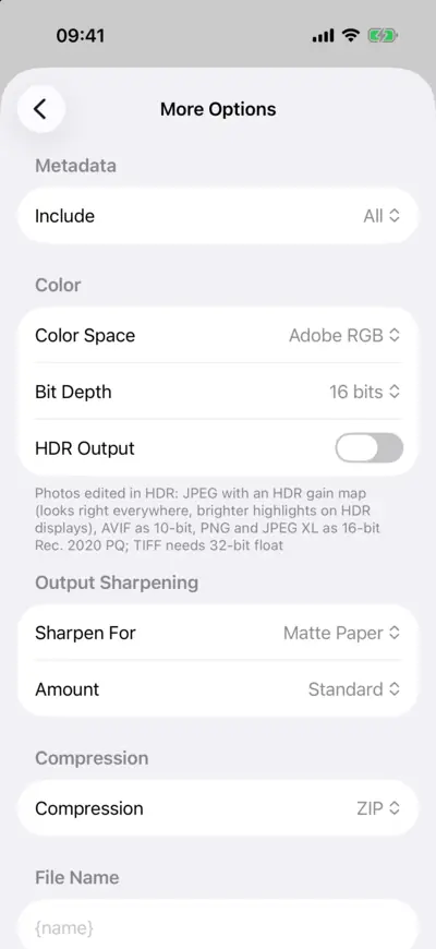 More Options for TIFF: Adobe RGB, 16 bits, Matte Paper sharpening and ZIP compression
