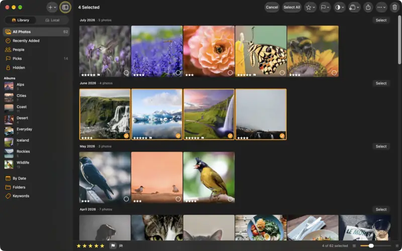 Four photos chosen in the grid, with the selection bar's Rating, Flag and Add to Album buttons