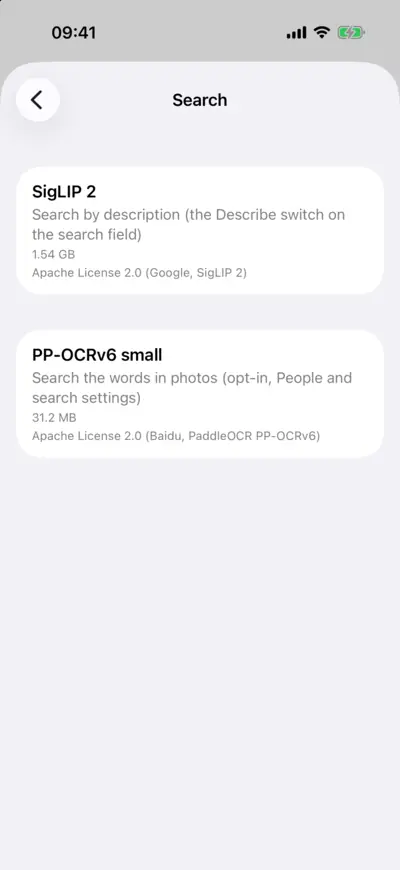 Settings, AI Models: search by description, with its model