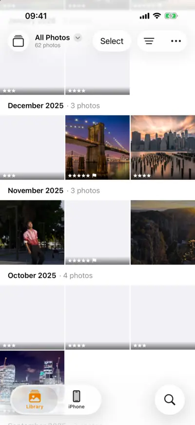 The LightBites library: a grid of travel photos, with the Add Photos button at the top