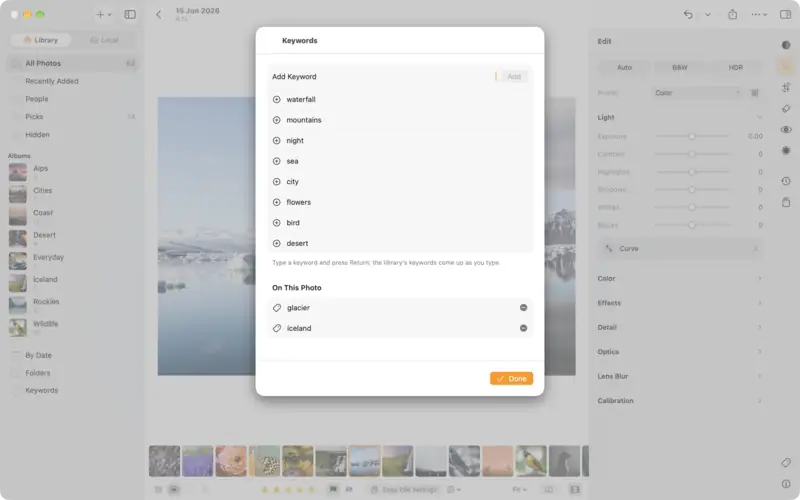 The Keywords sheet for a photo, with glacier and iceland on it