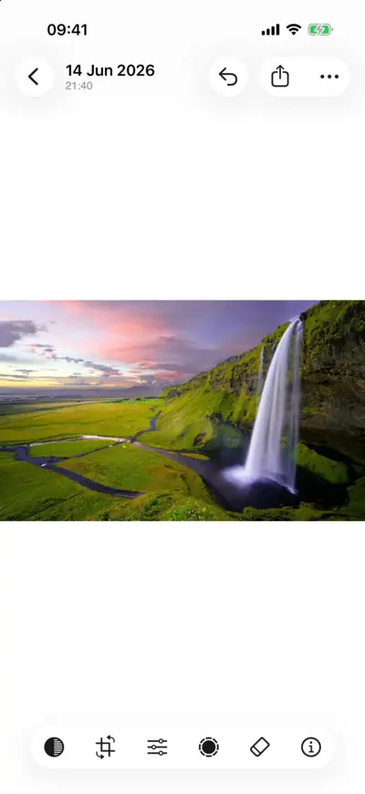 A waterfall at sunset open in LightBites, with the editing tools along the bottom