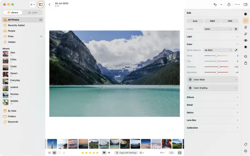 The Color group: white balance, Temp, Tint, Vibrance and Saturation