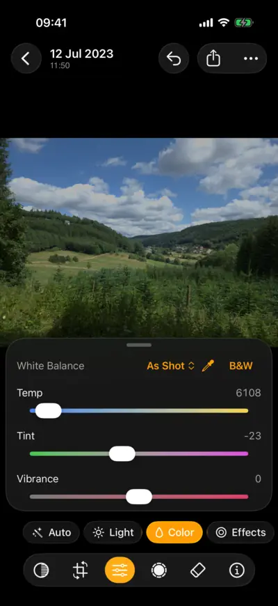 The Color group with the white balance menu, Temp and Tint