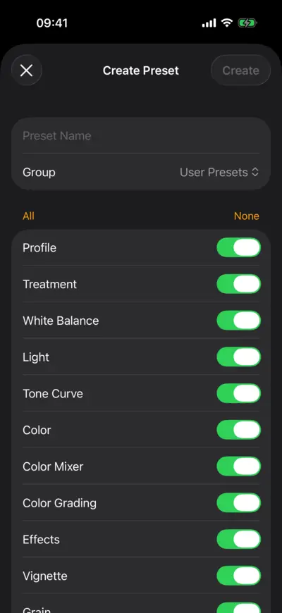 Create Preset: a name, a group and the settings it keeps
