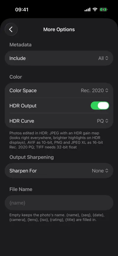 More Options for AVIF with HDR Output on and the HDR Curve set to PQ