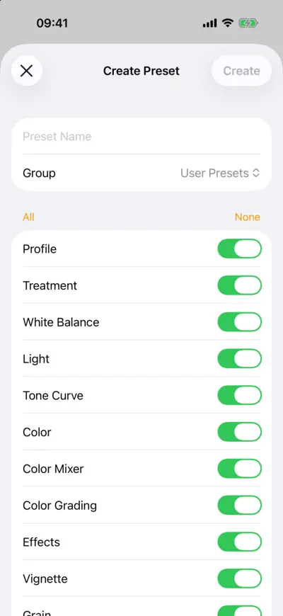 Create Preset: a name, a group and the settings it keeps