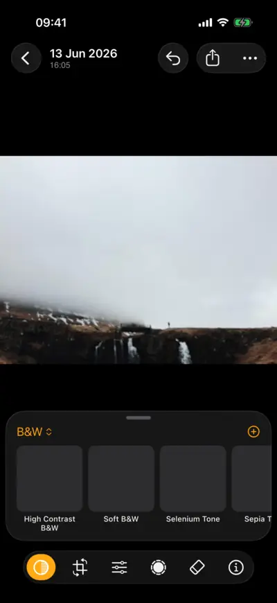 The presets for a photo of Kirkjufell mountain in fog