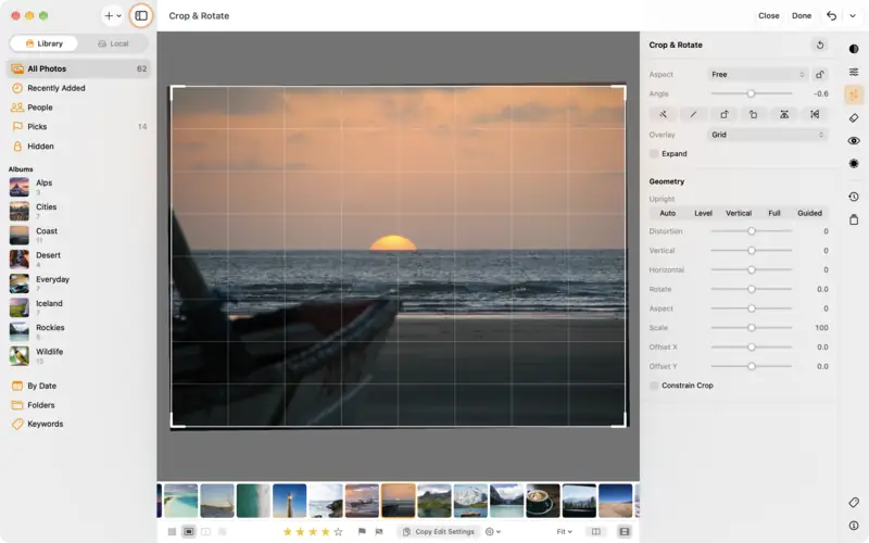 The horizon levelled, with a grid over the photo