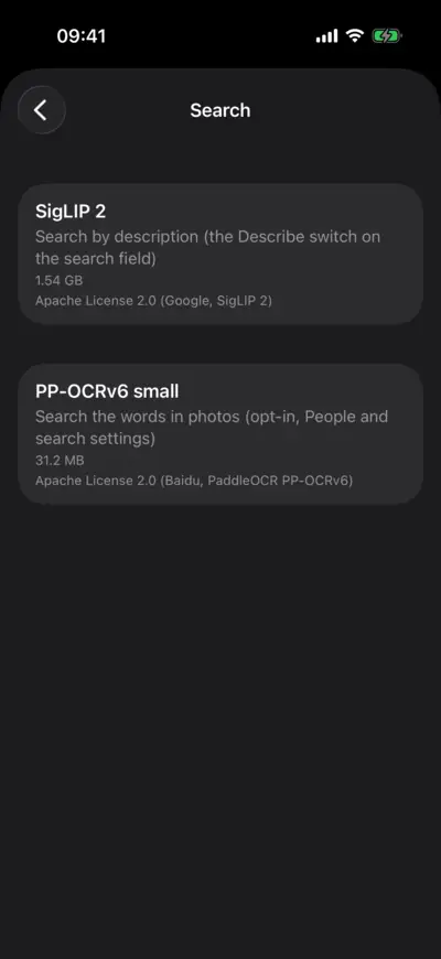 Settings, AI Models: search by description, with its model