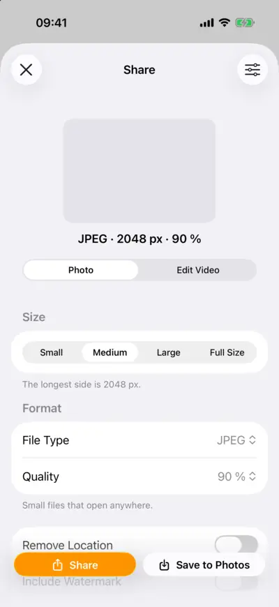 The Share sheet for a photo of the northern lights over a lake: size, file type JPEG at 90 % quality, and More Options