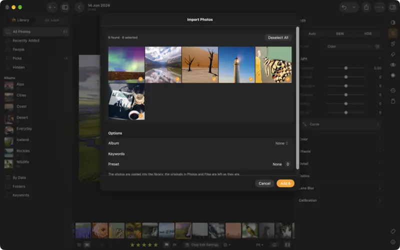 The Import Photos review: six new photos selected, with options for an album, keywords and a preset