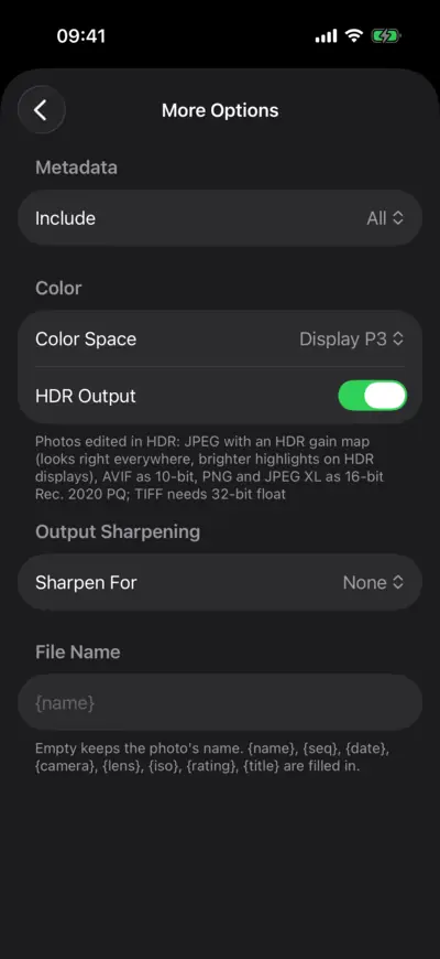 More Options for a JPEG with HDR Output turned on, and the note on how each format keeps HDR