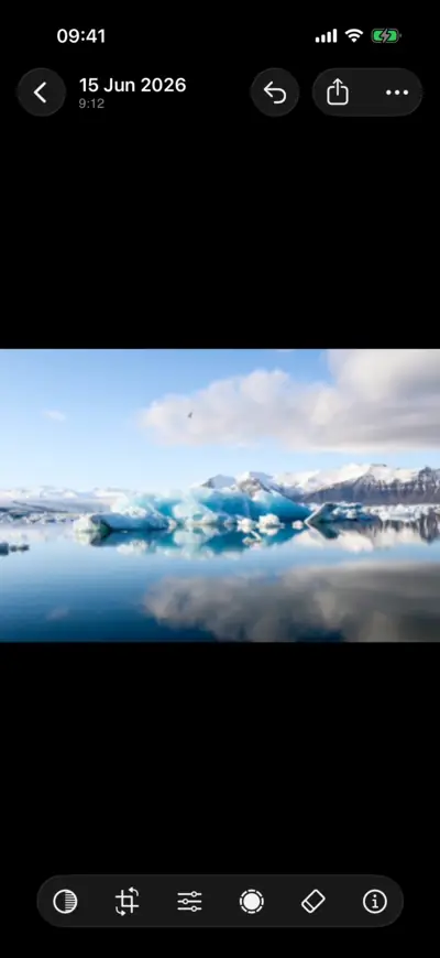 A photo of icebergs in a lagoon, open, with its rating shown