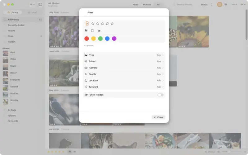 The Filter sheet: rating, flags, colour labels, then type, camera, people, place and keyword