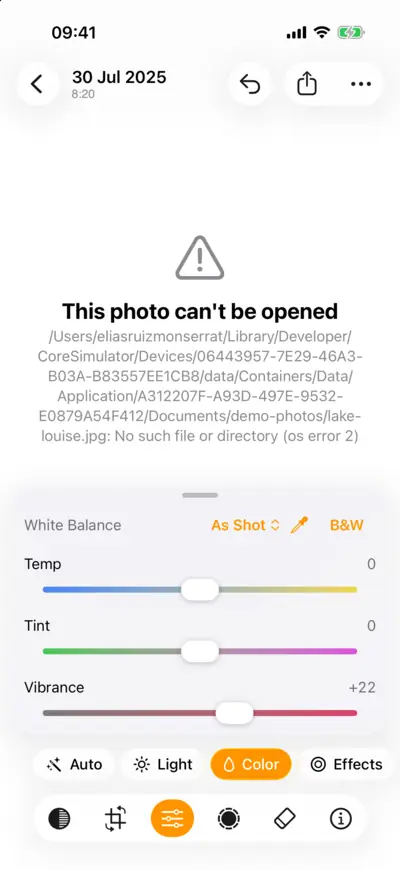 The Color group: white balance, Temp, Tint, Vibrance and Saturation