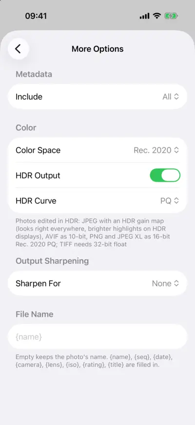 More Options for AVIF with HDR Output on and the HDR Curve set to PQ