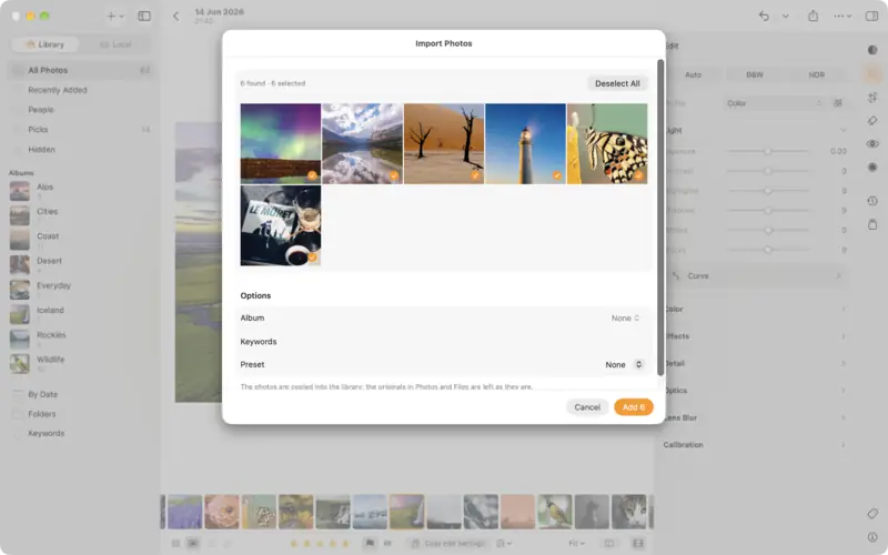 The Import Photos review: six new photos selected, with options for an album, keywords and a preset