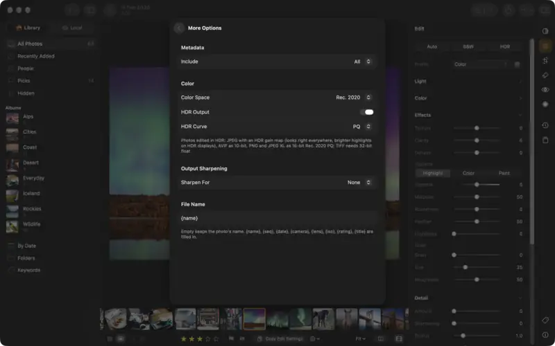 More Options for AVIF with HDR Output on and the HDR Curve set to PQ