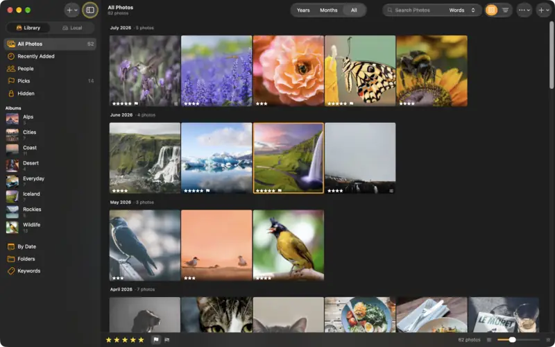 The LightBites library: a grid of travel photos, with the Add Photos button at the top