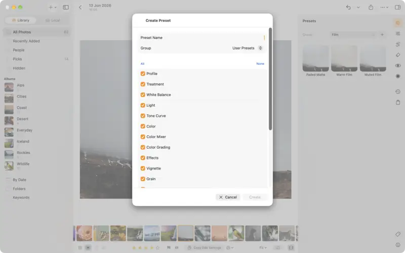 Create Preset: a name, a group and the settings it keeps