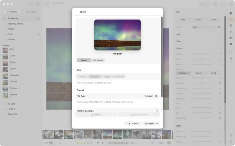 The Share sheet with Original chosen as the file type, so the size can't be changed