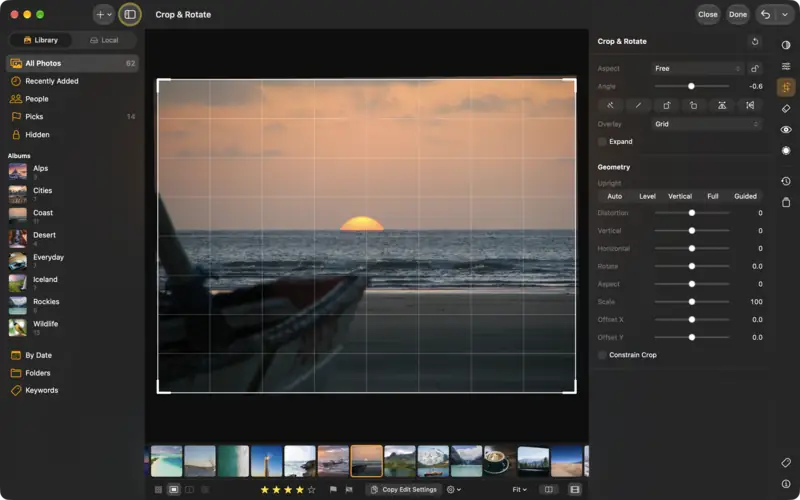The horizon levelled, with a grid over the photo