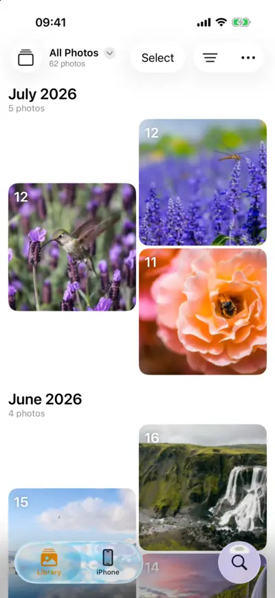The library grouped by month, each month with its own heading